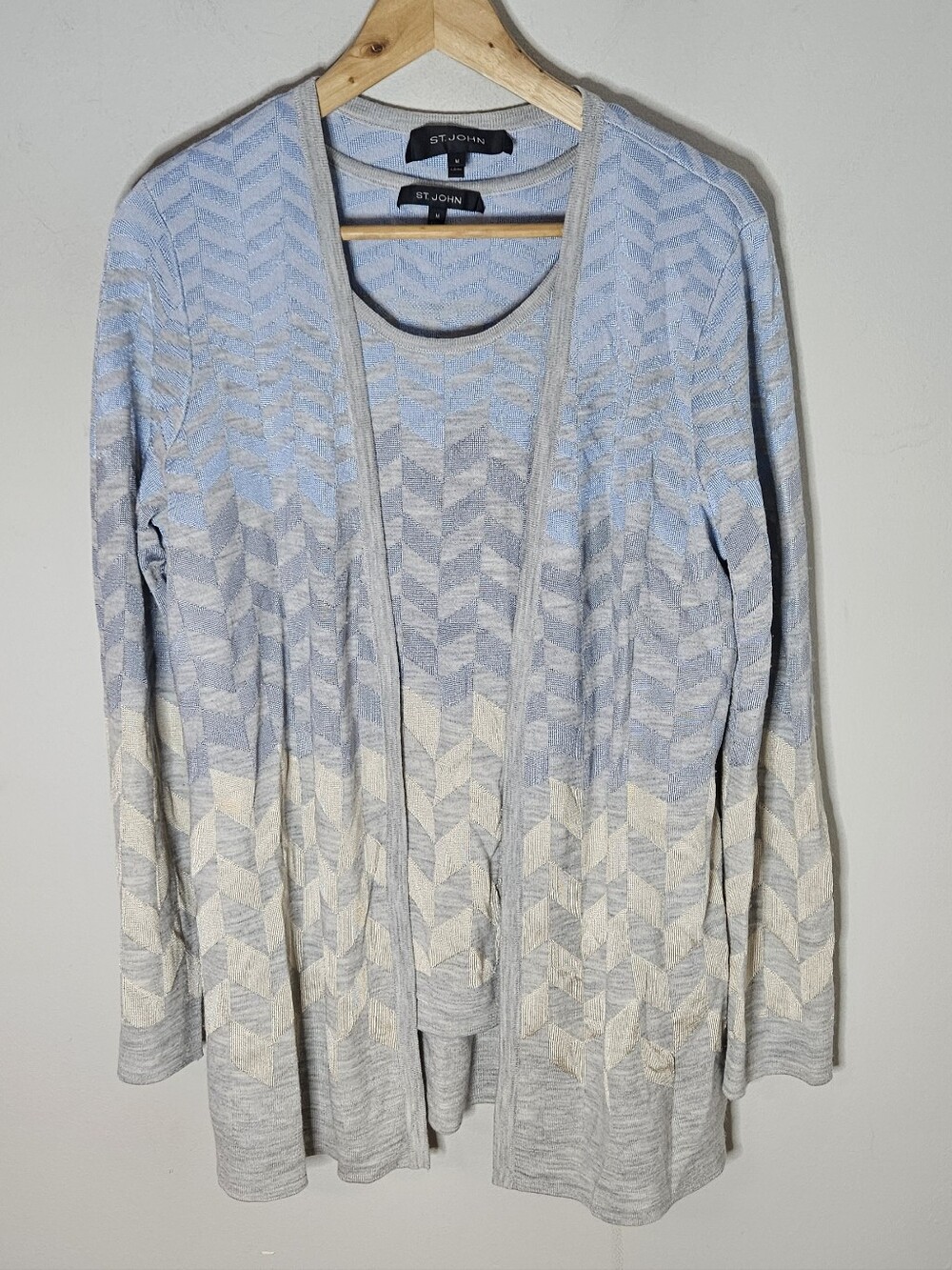 St John Chevron Pattern Sweater Set Blue Gray Cardigan Tank Women's M